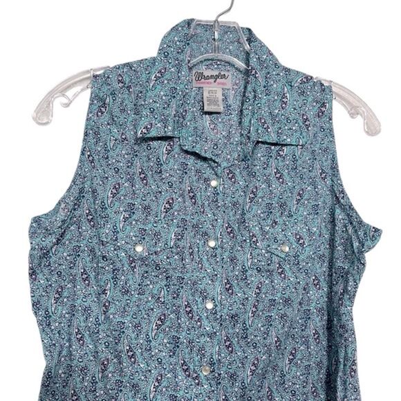 Wrangler women's snap pearl button up western rodeo blue sleeveless blouse top - Picture 2 of 6